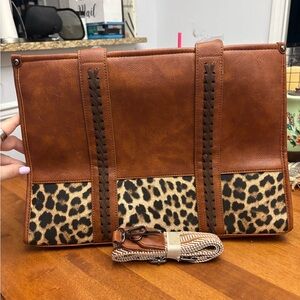 Myra Bag Brown Leather Tote with Leopard Panels
